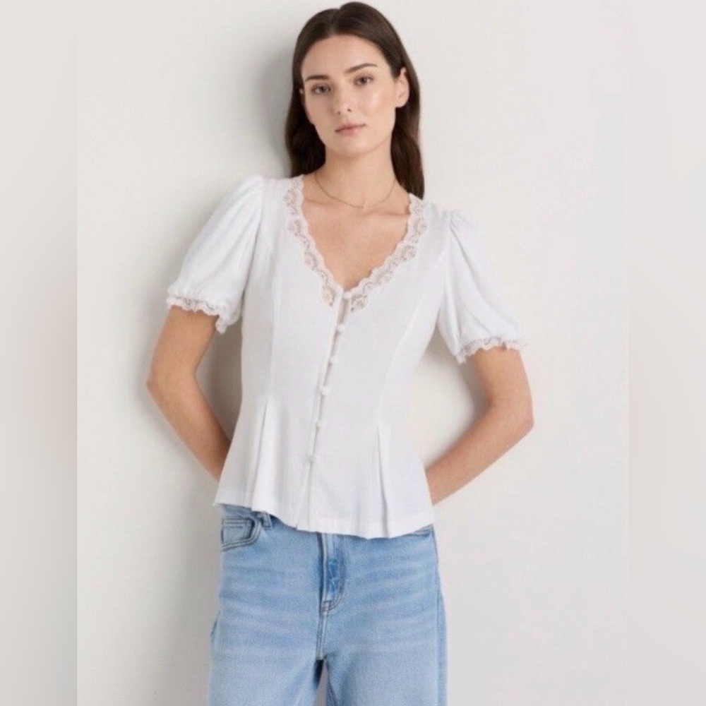 NWT Quince Women Lightweight Crepe Lace Puff Sleeve Blouse Ivory